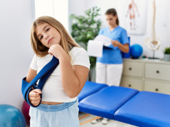 Ein Mädchen mit Armschlinge steht in einer Physiotherapie Praxis, während eine Therapeutin im Hin